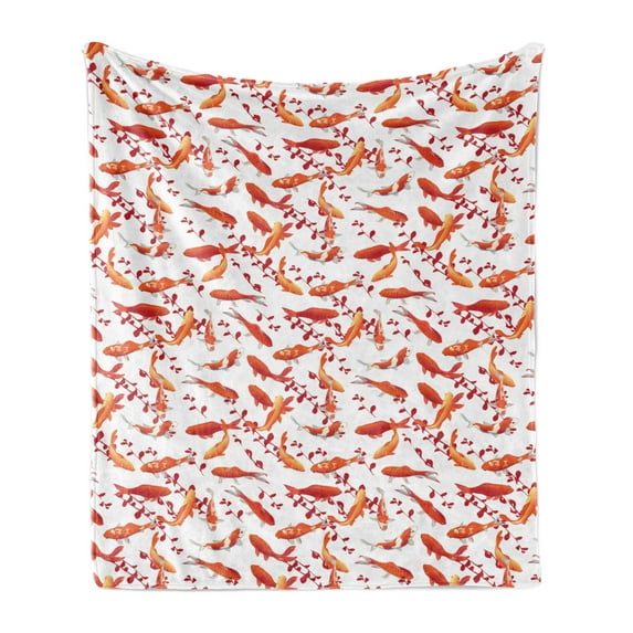Fish Soft Flannel Fleece Blanket, Japanese Traditional Aquatic Creatures with Leaves Branches Ornament Abstract Image, Cozy Plush for Indoor and Outdoor Use, 60" x 80", Orange White, by Ambesonne