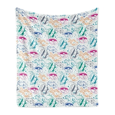 Fish Soft Flannel Fleece Blanket, Marine Design Ocean Animals Underwater Hand-Drawn in Lively Colors Retro Cartoon Style, Cozy Plush for Indoor and Outdoor Use, 70" x 90", Multicolor, by Ambesonne