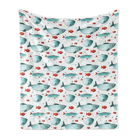 Fish Soft Flannel Fleece Blanket, Subaquatic Animal Pattern on Dotted Background Ocean Inhabitants with Scales, Cozy Plush for Indoor and Outdoor Use, 50" x 70", Orange and Pale Blue, by Ambesonne
