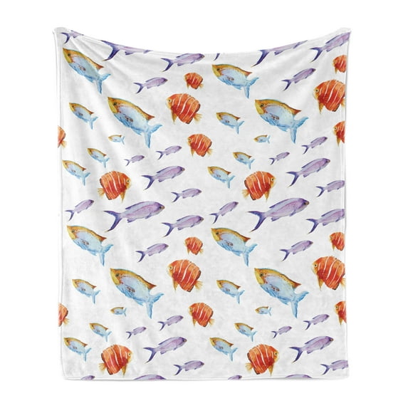 Fish Soft Flannel Fleece Blanket, Underwater Life Themed Art with Tropical Goldfish and Mackerel in Pastel Watercolors, Cozy Plush for Indoor and Outdoor Use, 50" x 70", Multicolor, by Ambesonne
