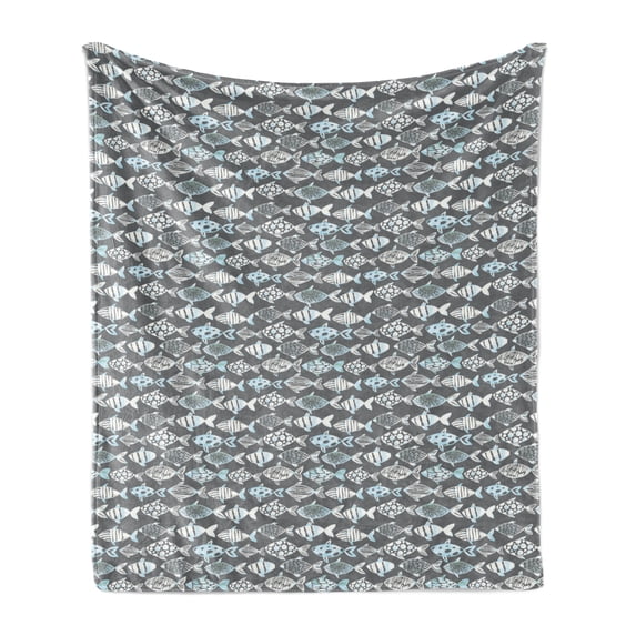 Fish Soft Flannel Fleece Throw Blanket, Abstract Fishing Theme Watercolor Style Silhouette Species, Cozy Plush for Indoor and Outdoor Use, 60" x 80", Grey White and Baby Blue, by Ambesonne