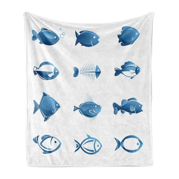 Fish Soft Flannel Fleece Throw Blanket, Array of Fish Silhouettes Marine Life Sea Ocean Related Images Pattern Fish Bones, Cozy Plush for Indoor and Outdoor Use, 60" x 80", Blue White, by Ambesonne