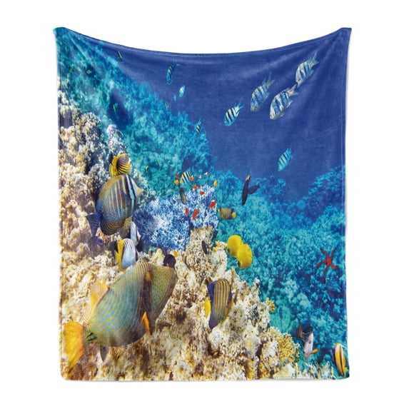 Fish Soft Flannel Fleece Throw Blanket, Barrier Reefs Covered Sea with Lagoon and Zebrafish Anemonefish Picture, Cozy Plush for Indoor and Outdoor Use, 50" x 70", Turquoise Pale Yellow, by Ambesonne