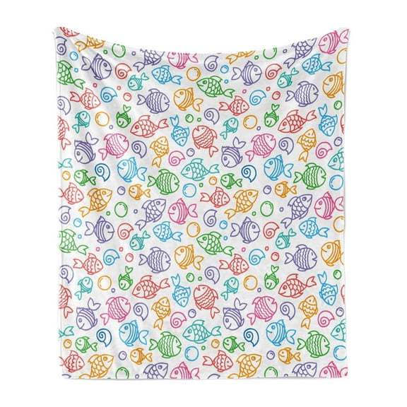 Fish Soft Flannel Fleece Throw Blanket, Colorful Doodle Style Fish with Happy Faces and Bubbles Under the Sea Aquarium, Cozy Plush for Indoor and Outdoor Use, 50" x 70", Multicolor, by Ambesonne