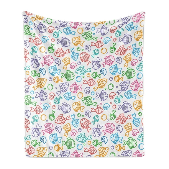 Fish Soft Flannel Fleece Throw Blanket, Colorful Doodle Style Fish with Happy Faces and Bubbles Under the Sea Aquarium, Cozy Plush for Indoor and Outdoor Use, 70" x 90", Multicolor, by Ambesonne