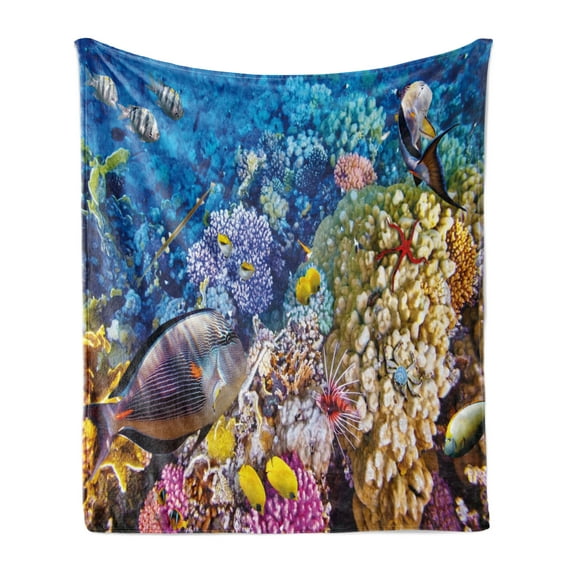 Fish Soft Flannel Fleece Throw Blanket, Egyptian Red Sea Bottom View with Marine Creatures Top of Tribal Ocean Scuba Image, Cozy Plush for Indoor and Outdoor Use, 60" x 80", Multicolor, by Ambesonne