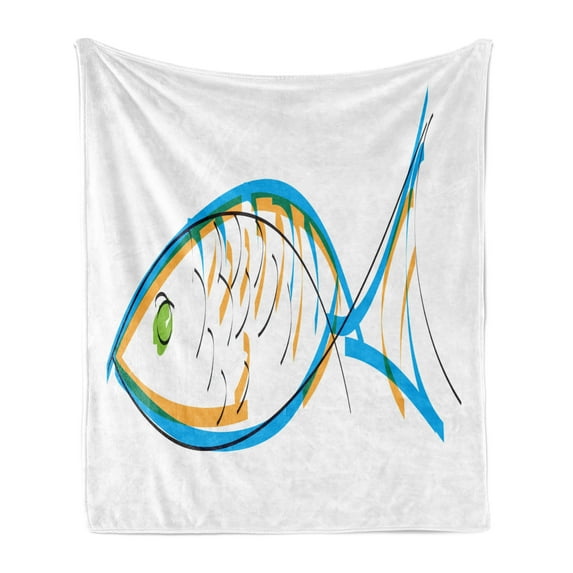 Fish Soft Flannel Fleece Throw Blanket, Maritime Image Contour Drawing Aquarium Animal Vibrant Colors Cartoon Style, Cozy Plush for Indoor and Outdoor Use, 70" x 90", Blue Orange Green, by Ambesonne