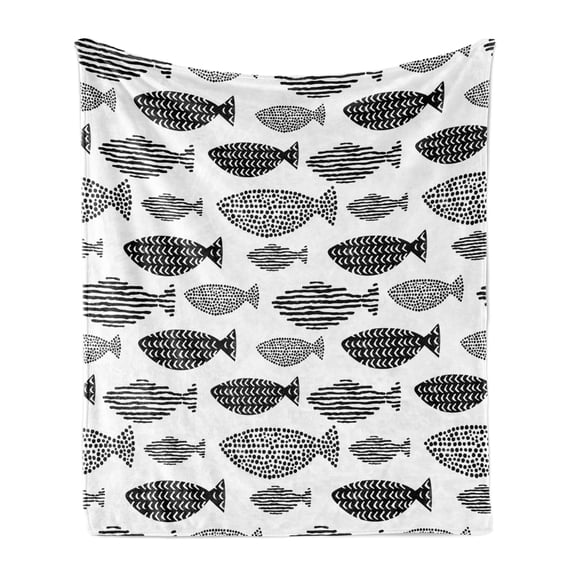 Fish Soft Flannel Fleece Throw Blanket, Minimalist Fish with Pared down Dots and Stripped Lines Sea Animal Image, Cozy Plush for Indoor and Outdoor Use, 70" x 90", Black White, by Ambesonne