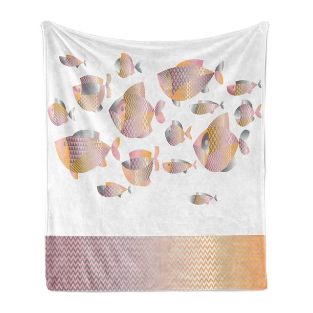 Fish Soft Flannel Fleece Throw Blanket, Modern Ocean Animal and Zigzag Border at the Bottom, Cozy Plush for Indoor and Outdoor Use, 60" x 80", Pale Pink Orange, by Ambesonne
