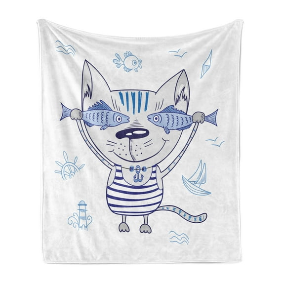Fish Soft Flannel Fleece Throw Blanket, Naughty Cat Fish in Striped T-shirt Anchor Pendant and Nautical Maritime Sign, Cozy Plush for Indoor and Outdoor Use, 50" x 60", Blue Grey, by Ambesonne