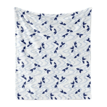 Fish Soft Flannel Fleece Throw Blanket, Rhythmic Japanese Style Waves and Koi Fish Pattern on Plain Backdrop, Cozy Plush for Indoor and Outdoor Use, 50" x 70", White Dark Lavender, by Ambesonne