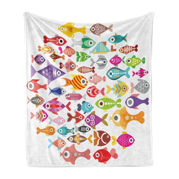 Fish Soft Flannel Fleece Throw Blanket, Rounded Different Size Type Fish Motifs Underwater World Exotic Fauna Gills Design, Cozy Plush for Indoor and Outdoor Use, 50" x 60", Multicolor, by Ambesonne