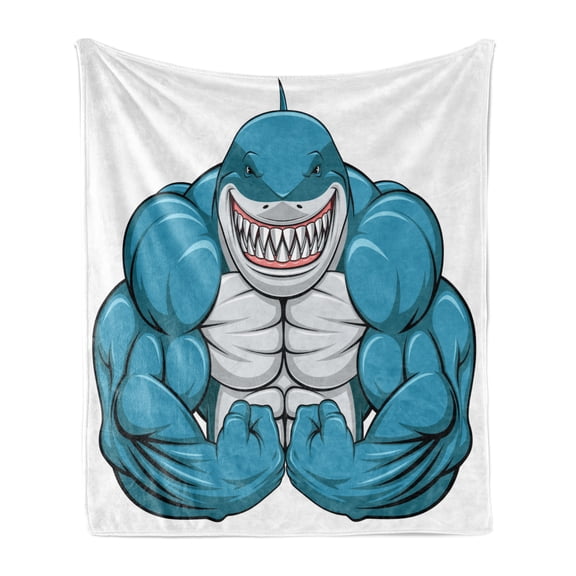 Fish Soft Flannel Fleece Throw Blanket, Smiling Toothy White Shark with Big Muscles on Arms Illustration Print, Cozy Plush for Indoor and Outdoor Use, 50" x 60", Pale Grey Petrol Blue, by Ambesonne