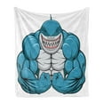 thumbnail image 1 of Fish Soft Flannel Fleece Throw Blanket, Smiling Toothy White Shark with Big Muscles on Arms Illustration Print, Cozy Plush for Indoor and Outdoor Use, 60" x 80", Pale Grey Petrol Blue, by Ambesonne, 1 of 5
