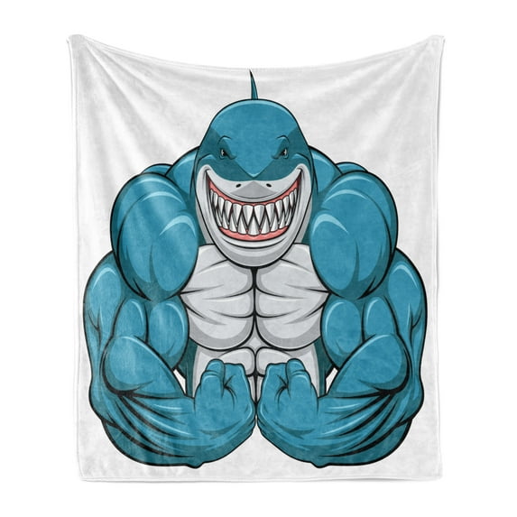 Fish Soft Flannel Fleece Throw Blanket, Smiling Toothy White Shark with Big Muscles on Arms Illustration Print, Cozy Plush for Indoor and Outdoor Use, 60" x 80", Pale Grey Petrol Blue, by Ambesonne