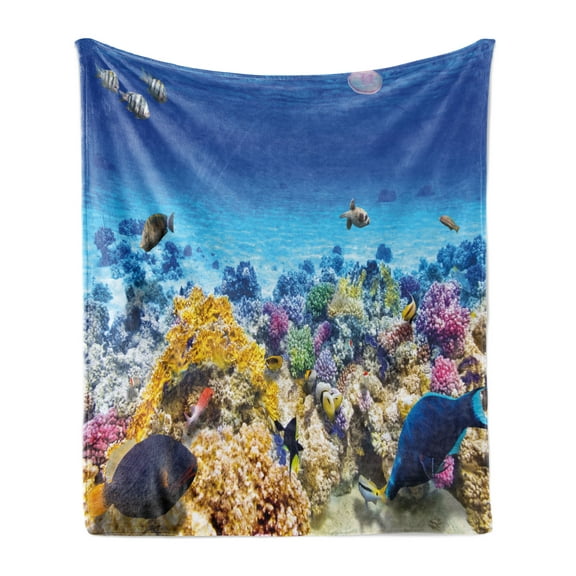 Fish Soft Flannel Fleece Throw Blanket, Underwater Sea World Scene Goldfish Starfish and Jellyfish Depth Diving Concept, Cozy Plush for Indoor and Outdoor Use, 70" x 90", Turquoise, by Ambesonne