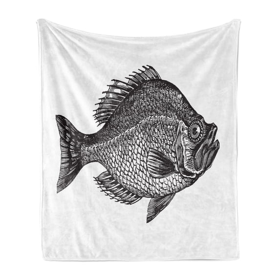 Fish Soft Flannel Fleece Throw Blanket, Vintage Design Rock Bass Fish Hand Drawn in Black and White Aquatic Image, Cozy Plush for Indoor and Outdoor Use, 50" x 60", Black White, by Ambesonne