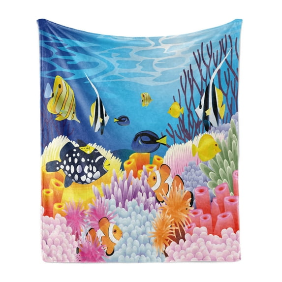 Fish Soft Flannel Fleece Throw Blanket, Water Life Different Kind of Fishes Coral Reefs and Sponges Kids Nursery Theme, Cozy Plush for Indoor and Outdoor Use, 60" x 80", Multicolor, by Ambesonne