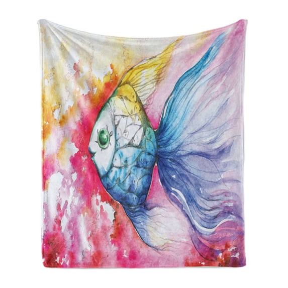 Fish Soft Flannel Fleece Throw Blanket, Watercolor Fauna Paint Grunge Vivid Brushstrokes and Splashes Nautical Concept, Cozy Plush for Indoor and Outdoor Use, 50" x 70", Multicolor, by Ambesonne