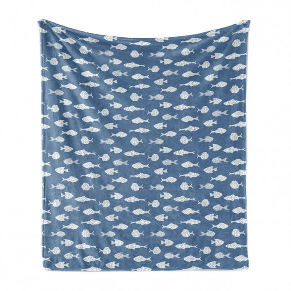 Fish Soft Flannel Fleece Throw Blanket, White Fish Silhouettes with Dots and Dashes Print on Blue Background Print, Cozy Plush for Indoor and Outdoor Use, 60" x 80", Ceil Blue and White, by Ambesonne