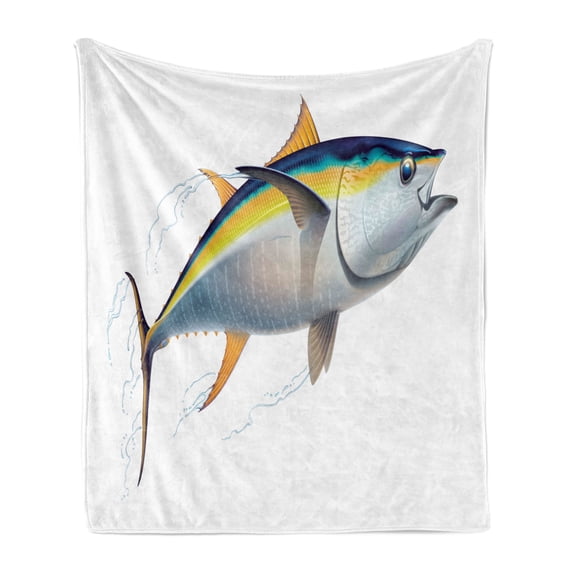 Fish Soft Flannel Fleece Throw Blanket, Yellowfin Tuna Realistically Illustrated Shadows and Water Details on Fins, Cozy Plush for Indoor and Outdoor Use, 60" x 80", Earth Yellow Blue, by Ambesonne