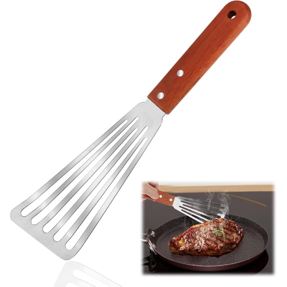Fish Spatula Stainless Steel Fish Turner Professional Slotted Fishes Slice Spatula BBQ Shovel Non Stick Spatulas with Wooden Handle for Kitchen Cooking Flipping Frying Pancake, 29cm