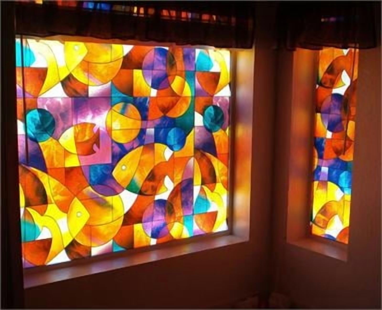 Fish Stained Glass Privacy Window Film 36" Wide x 28" long
