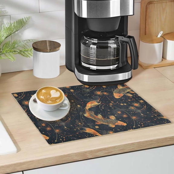Fish Star Sun Dish Drying Mat 12"x18" Kitchen Counter Dish Pad Microfiber Absorbent Drainer Rack for Coffee Bar