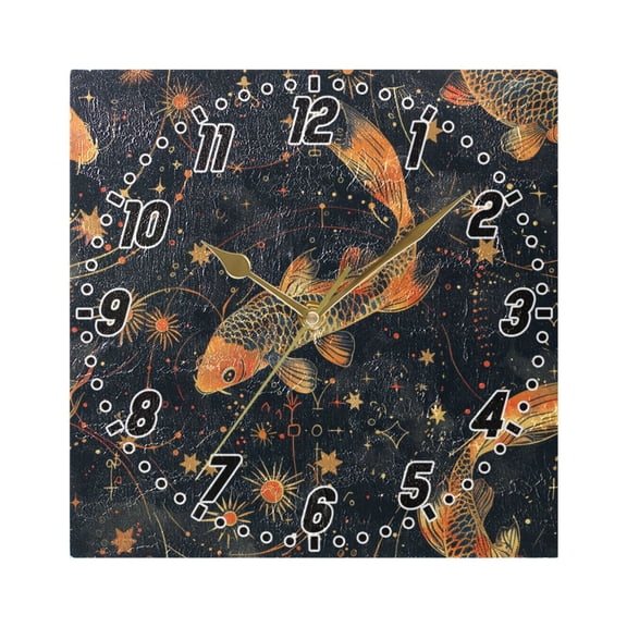 Fish Star Sun Wall Clock Battery Operated Silent Non-Ticking Bedroom Office Kitchen Home School Decor 7.8"(Gold)