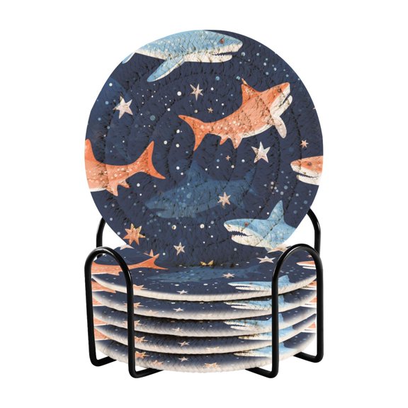 Fish Stars 6 Pcs Drink Coasters with Holder Absorbent Coasters Woven Coasters for Drinks Table Desk Protection Home Decor