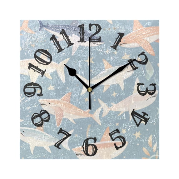 Fish Stars Leaves Wall Clock Square Silent Non Ticking Battery Operated Clock for Home Bathroom Kitchen Bedroom Living Room
