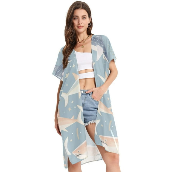 Fish Stars Leaves Women Swimsuit Cover up V Neck Beach Dress Short Sleeve Vacation Outfits Swimwear