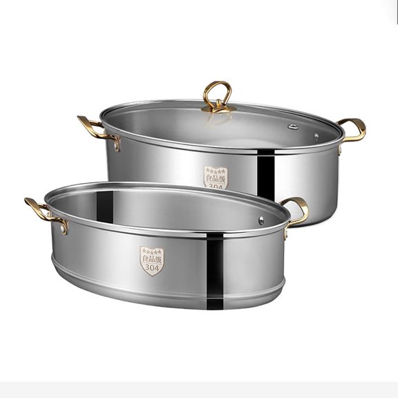 Fish Steamer Stainless Steel Set, Multi-Use Elliptical Fish Pot Cookware With Rack, Ceramic Pan, Anti-scalding Clip, Vented Glass Lid