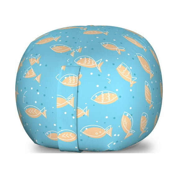 Fish Storage Toy Bag Chair, Flock of Swimming Fish Hand Drawn Design Underwater Life Theme Doodle, Stuffed Animal Organizer Washable Bag, Small Size, Pale Blue White, by Ambesonne