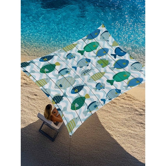 Fish Sun Shade Sail 12' x 16', Cartoon Colored Little Fish Blue Waves Wood Grain Rectangle Outdoor Sunshade Canopy, Waterproof UV Block Patio Covers for Garden Yard Beach