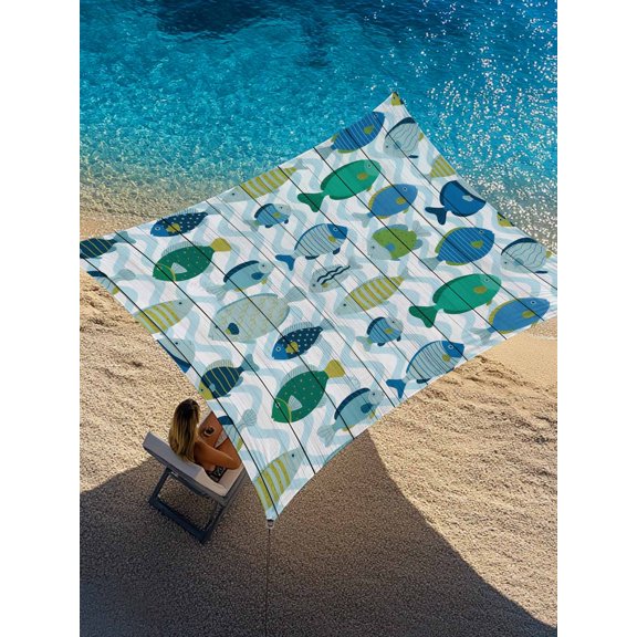 Fish Sun Shade Sail 6.5' x 10', Cartoon Colored Little Fish Blue Waves Wood Grain Rectangle Outdoor Sunshade Canopy, Waterproof UV Block Patio Covers for Garden Yard Beach