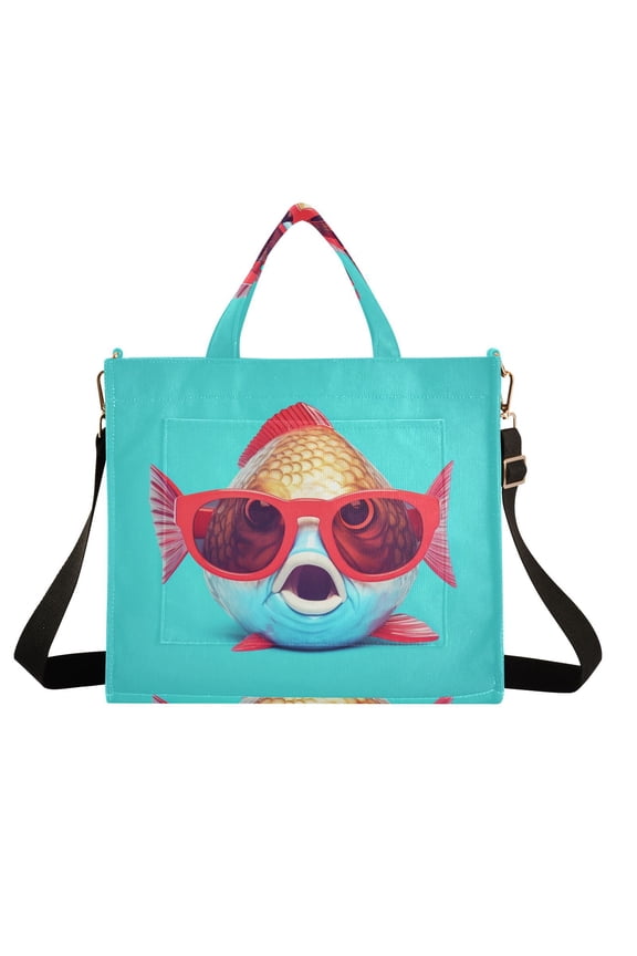 Fish Sunglasses Corduroy Tote Bag Handbag Large Messenger Bag Shoulder Crossbody Zipper Bag Purse