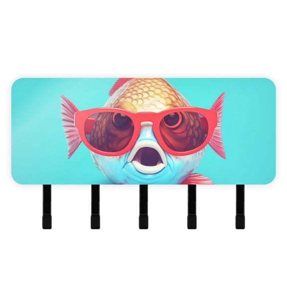 Fish Sunglasses Mail Holder Organizer Wall Mount with Shelf Key Holder Key Rack with 5 Key Hooks for Wall Decorative