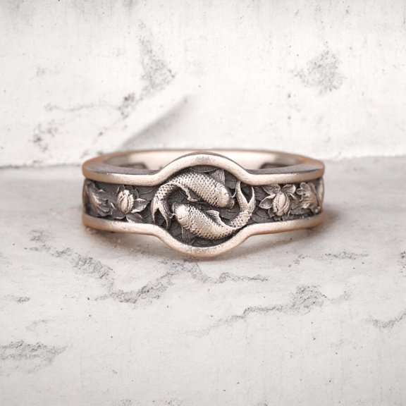 Fish Surrounded by Lotus Flower Nature Inspired Band Ring, Handmade 925 Sterling Silver Unique Engagement Ring, Handmade Ring, Gift For Him,