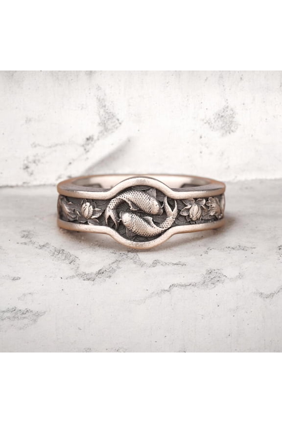 Fish Surrounded by Lotus Flower Nature Inspired Band Ring, Handmade 925 Sterling Silver Unique Engagement Ring, Handmade Ring, Gift For Him,