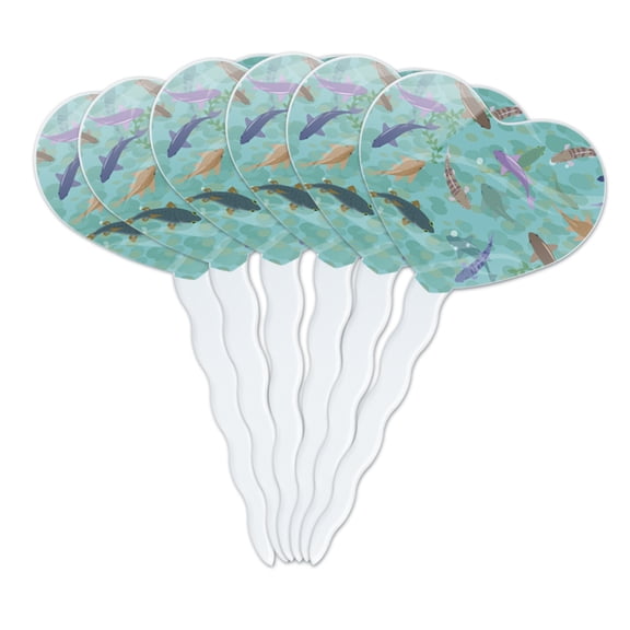 Fish Swimming In River Pattern Heart Love Cupcake Picks Toppers Decoration Set of 6