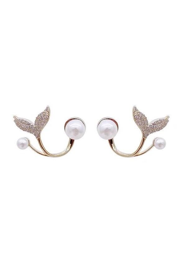 Fish Tail&White Pearl Stud Earrings Natural Classic Mermaid Fans Beauty