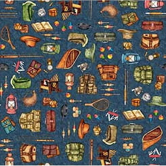 Fish Tails - Blue Fishing Equipment- Qt Fabric - 3009Q