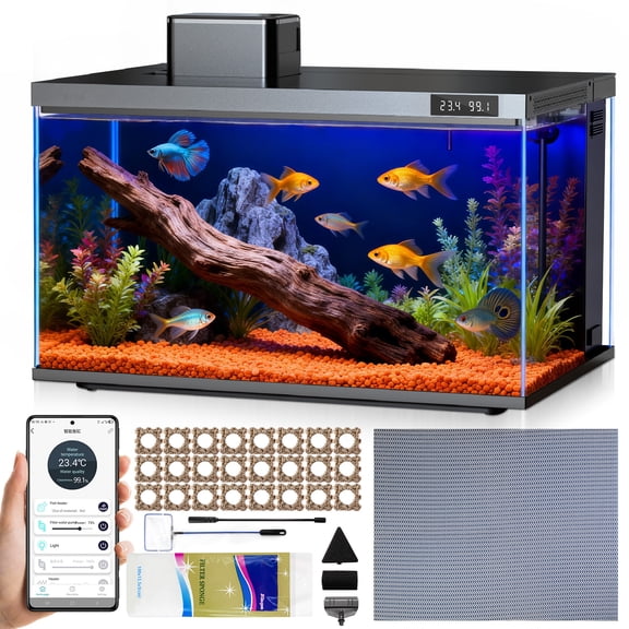 Fish Tank, 10 Gallon Smart Fish Aquarium Kit, Includes Quiet Pump, Filtration and LED Lighting, Smart Control with Apps, Perfect for Small Fish, Betta, All-in-One Beta Tank for Beginners, Glass