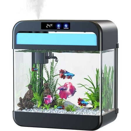MY Fish Tank 2.2 Gallon Fish Bowl with Humidifier 7 Color Auto-Looping Light 3 in 1 Quiet Pump with Filteration & Oxygenation & Circulation, Temperature Display, HD Float Glass, Thickened Base