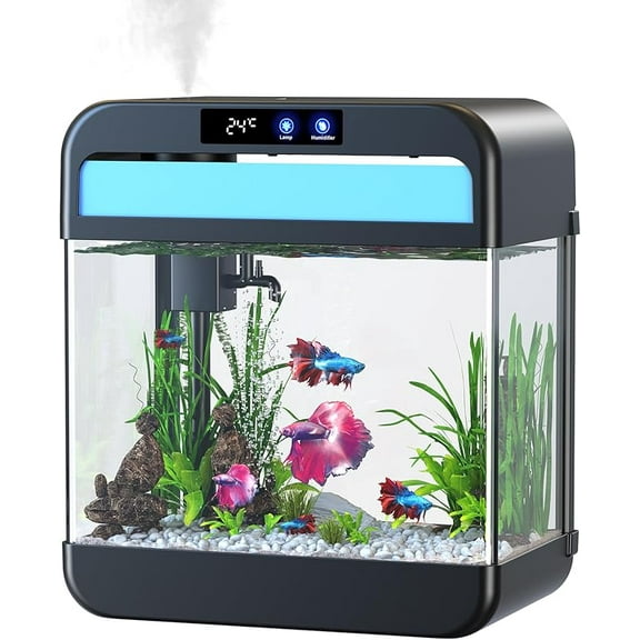 MY Fish Tank 2.2 Gallon Fish Bowl with Humidifier 7 Color Auto-Looping Light 3 in 1 Quiet Pump with Filteration & Oxygenation & Circulation, Temperature Display, HD Float Glass, Thickened Base