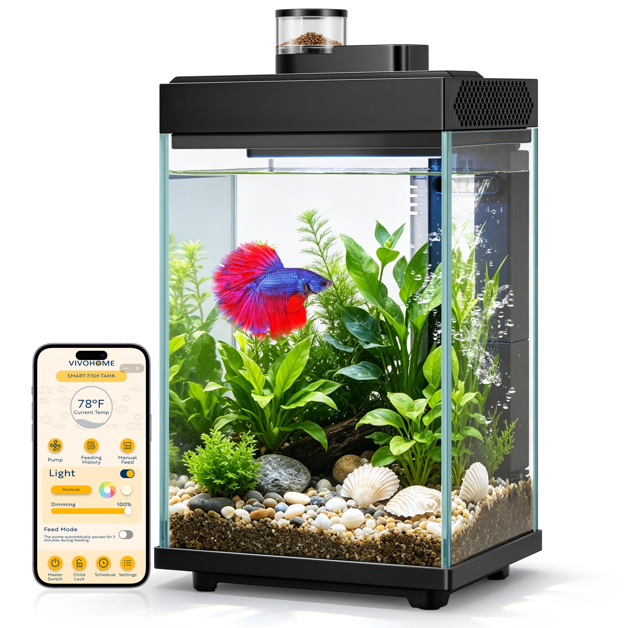 SPECSTAR Fish Tank,2 Gallon Aquarium Starter Kit with Auto Feeder, RGB LED Light, Filter,  Temperature Display,Small Fish Tank for Betta, Shrimp,APP Control