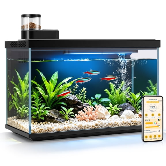 SPECSTAR 5 Gallon Fish Tank, Aquarium Starter Kit with Auto Feeder, RGB LED Light, Filter, Temperature Display,for Betta, Shrimp,APP Control