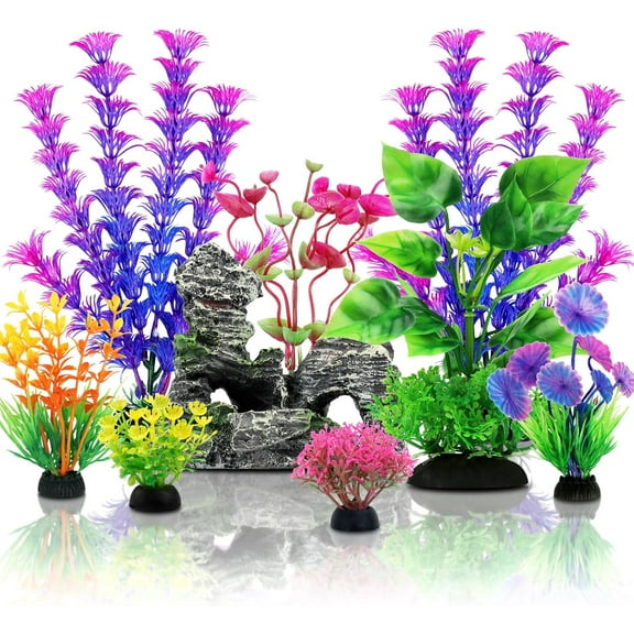 Fish Tank Accessories Aquarium Decorations Plants, 9pcs Colorful Fish Tank Artificial Plants and Cave Rock Decor Set, Aquarium Decor Plastic Plants