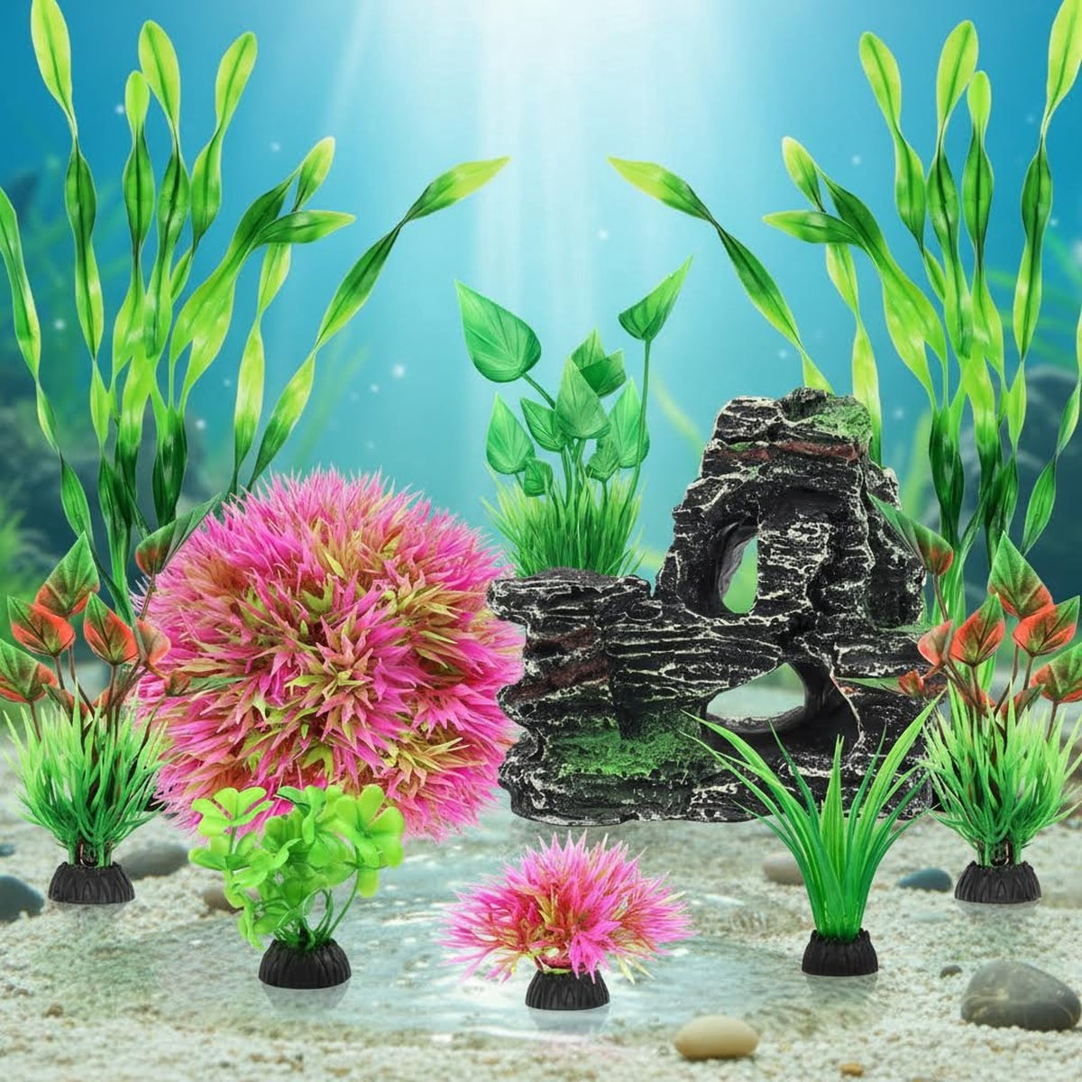 Fish Tank Accessories Aquarium Plants, Colorful Fish Bowl Ornaments Plants and Rock Cave Decor Set
